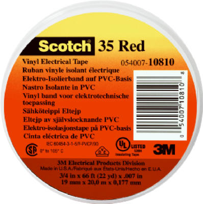 Scotch 10810-DL-2W Professional Grade #35 Vinyl Electrical Tape, 3/4" x 66', Red