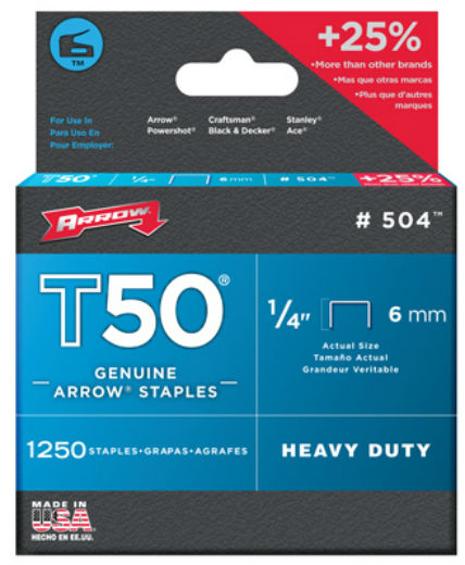 Arrow Fastener 504IP Heavy Duty Staples, T-50, 1/4" (5000-Pack)