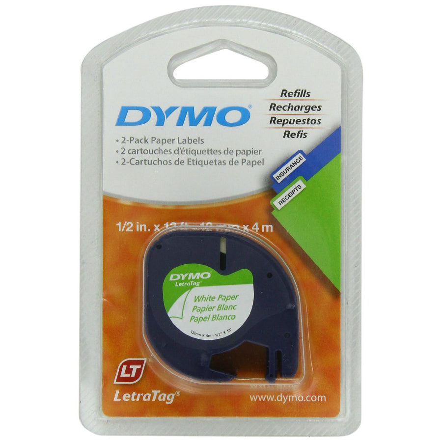 DYMO® 10697 LetraTag® Pearl White Paper Labels, 1/2" x 13', 2-Pack
