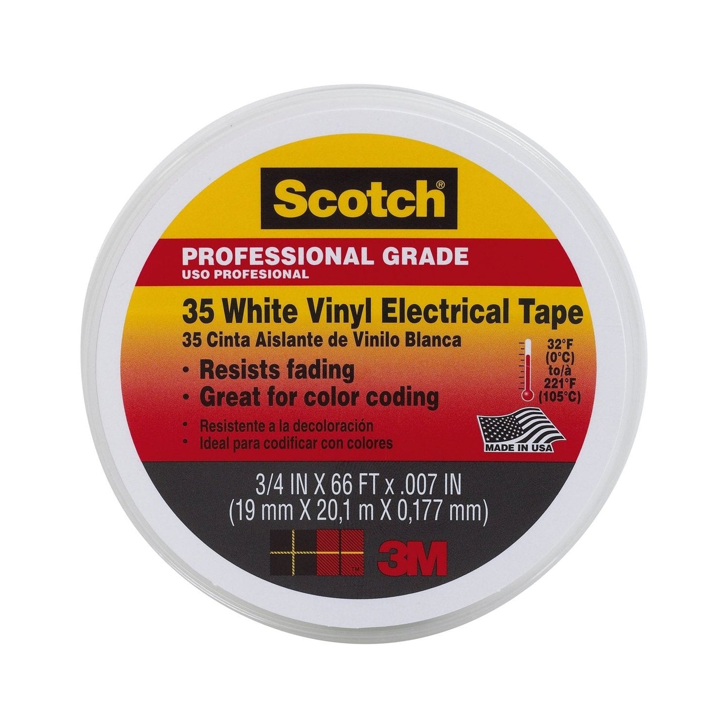 Scotch 10828-DL-2W Professional #35 Vinyl Electrical Tape, 3/4" x 66', White